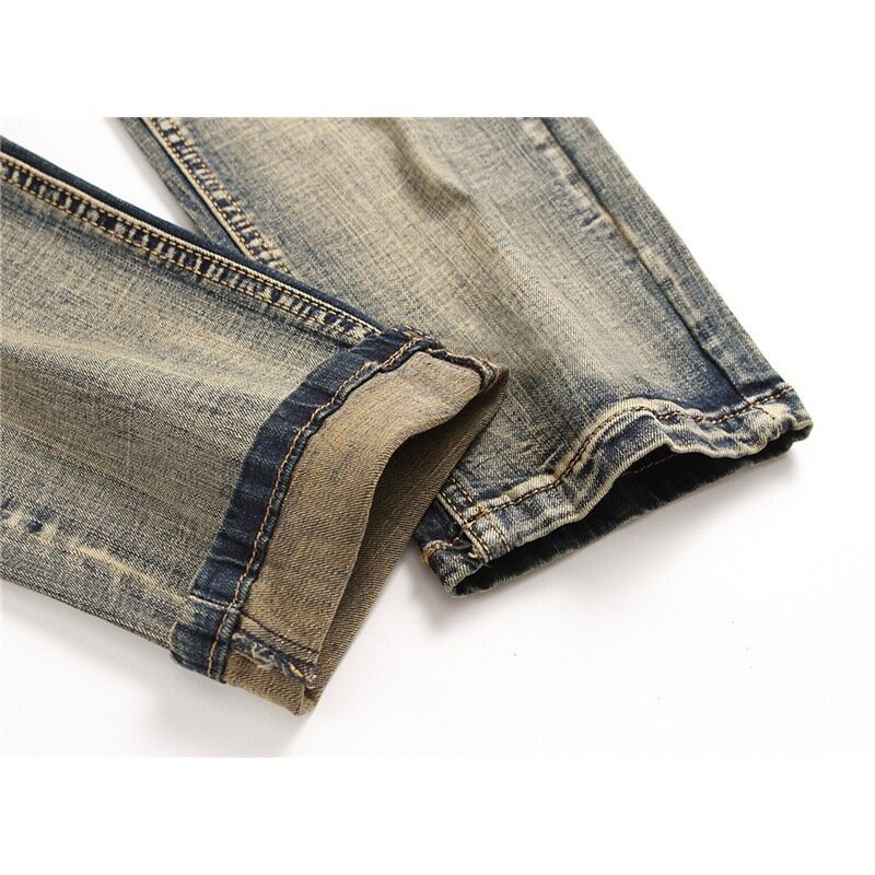 Jeans de motocicleta retrô colorida masculina, justa, calça lápis stretch, calça fina, costura de rua, bonito da moda, moda, 2024