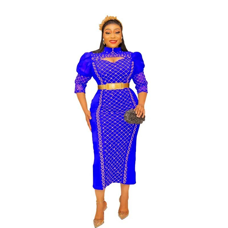 Gaun Afrika untuk wanita musim gugur elegan wanita Afrika gaun Maxi poliester lengan 3/4 pakaian Afrika Dashiki pakaian Afrika