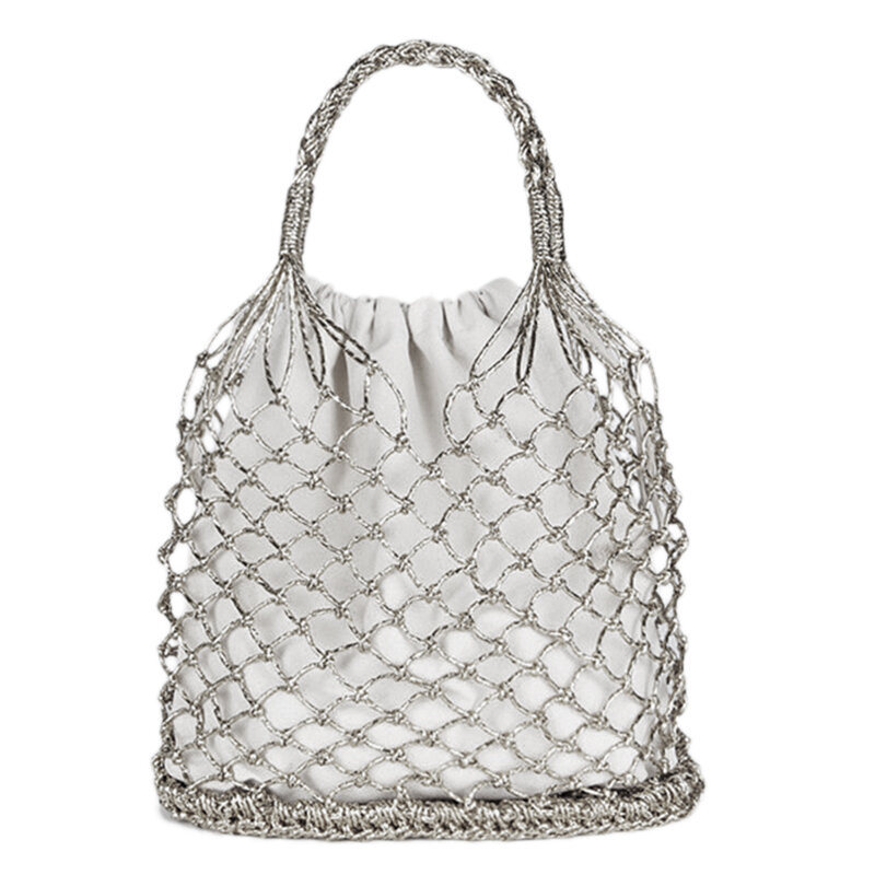 Bolsa tejida con cuerdas de papel brillante, bolso de paja, reticulado femenino, red de playa