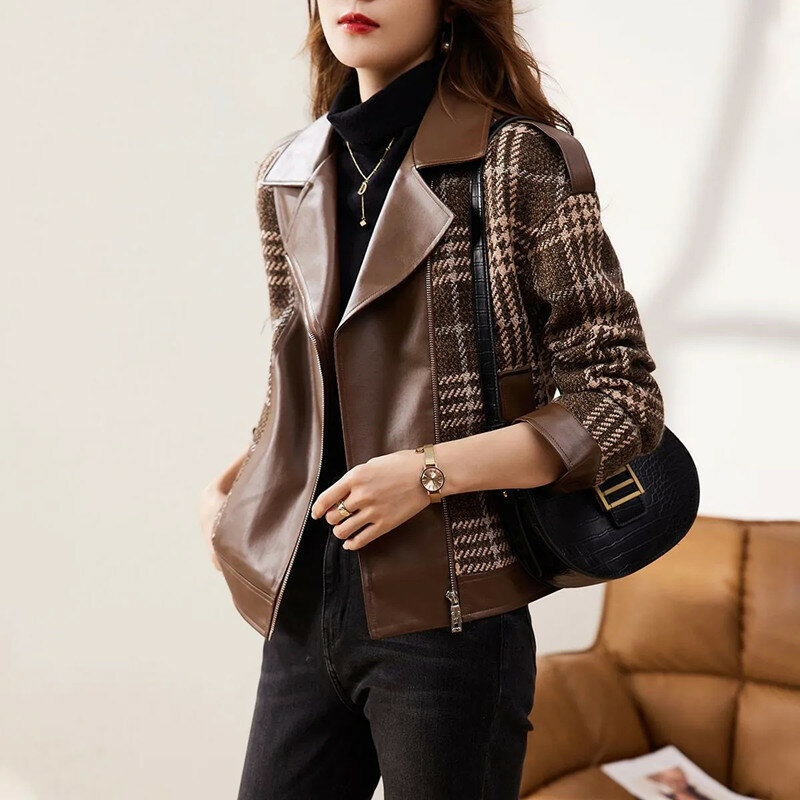 Outono inverno outerwear 2023 moda coreana temperamento versátil fino e confortável commuter treliça retalhos jaqueta feminina