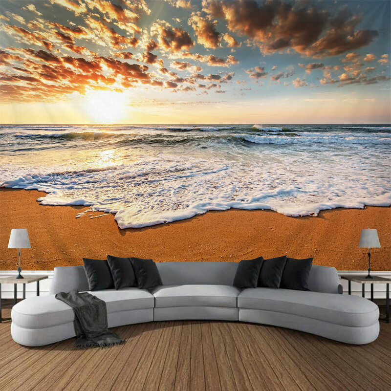 Beautiful Seaside Sunset Tapestry Ocean Beach Scenery Tapestry Wall Hanging Large Fine Dormitory Indoor Bedroom Wall Decor Mural