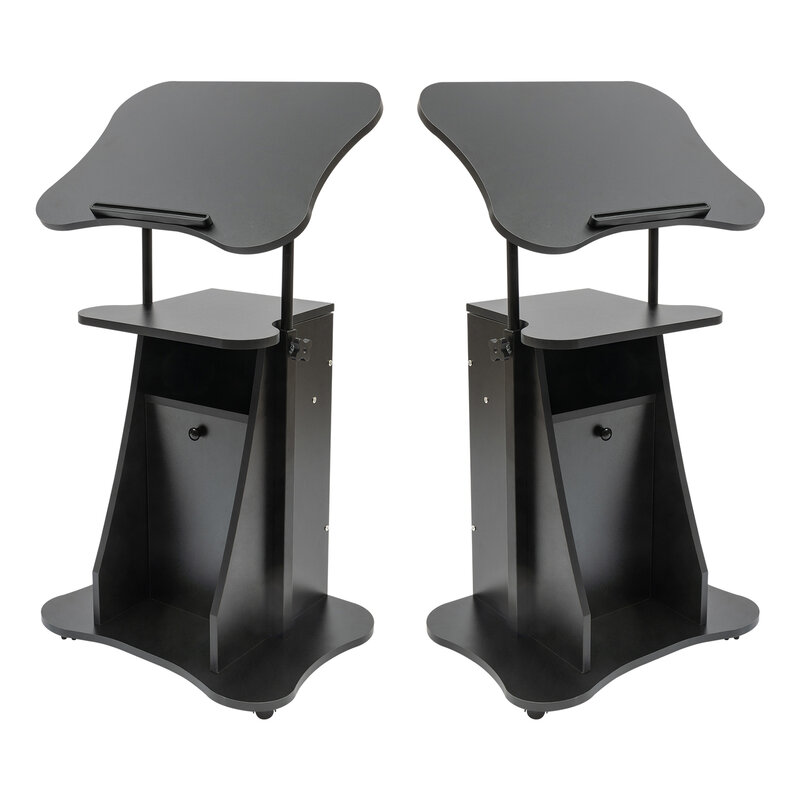 Height Adjustable Sit to Stand Desk, Mobile Laptop Podium, Tilting Desktop and Storage Cabinet, Ergonomic Rolling Lectern Cart
