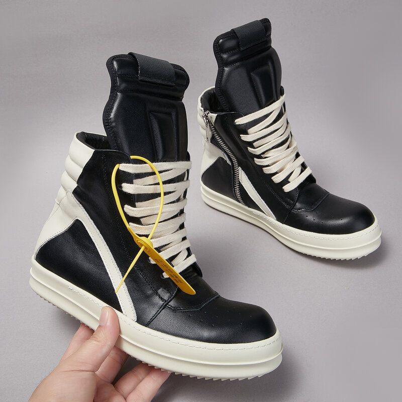 Brand Men Shoe Casual High Top Quality Women Sneaker owens Black Ankle Boot Geobasket Leather Fashion Thick-sole Flat Zip Shoe