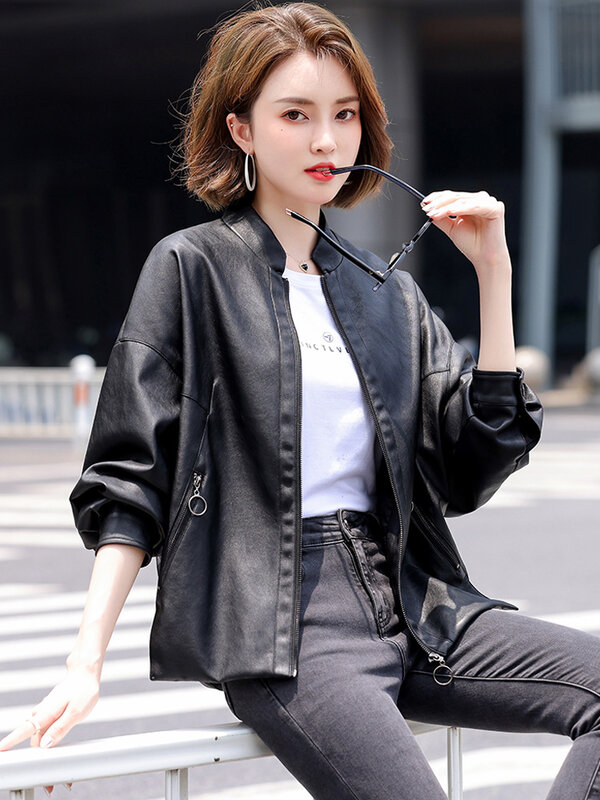 New Women Casual Leather Jacket Spring Autumn Fashion Batwing Sleeve Oversized Sheepskin Jacket Loose Split Leather Outerwear