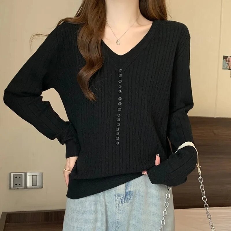 Women Fake Two Pieces Knitting Pullover Sweater  Spring Autumn Long Sleeve Ladies Bottoming Tops Temperament V-Neck Femme Jumper