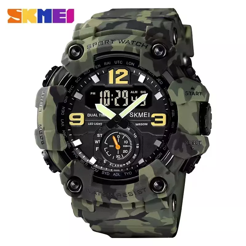 SKMEI Dual Movement 3 Time Sport Wristwatch Mens Waterproof Electronic Watches montre homme  Digital Men Watch1637