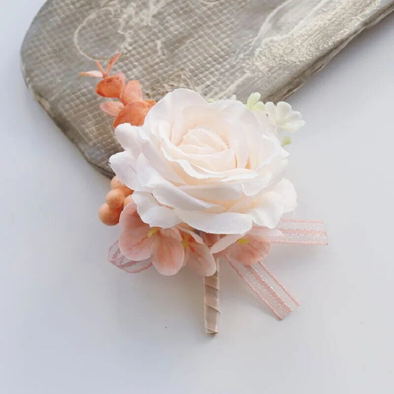 Fournitures de mariage pour invités de banquet, fleur simulée, mariée et corsage, fleur à la main, poudre de pêche, 2403