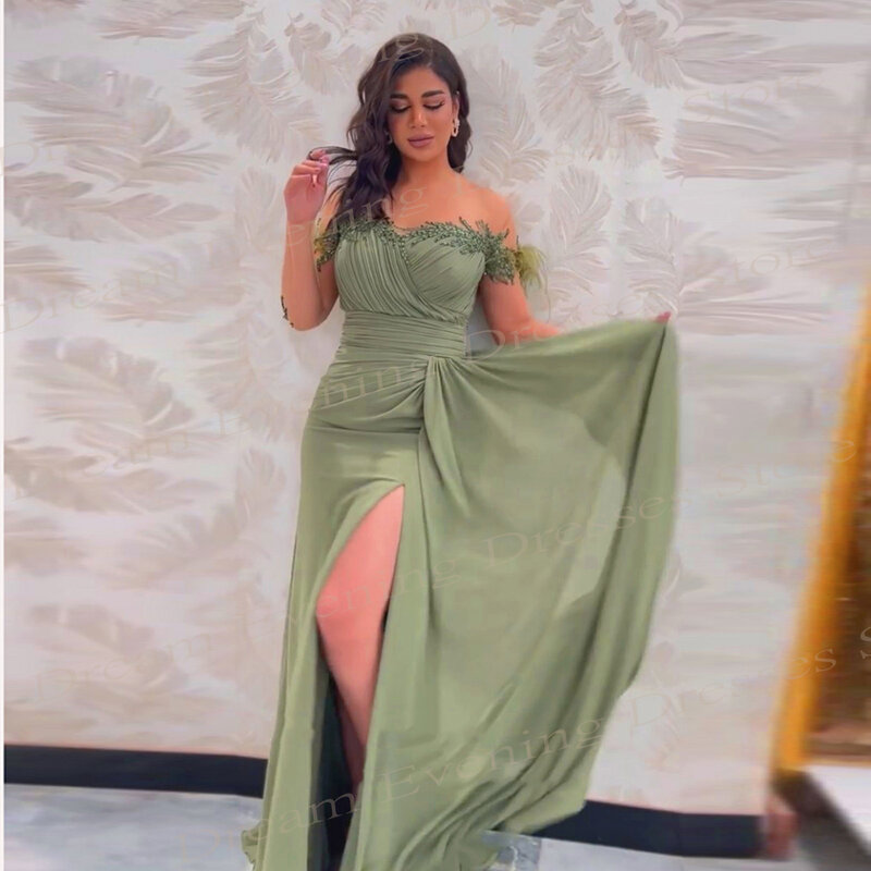 Arabskie fascynujące zielone damskie suknie wieczorowe o kroju syreny z odkrytymi ramionami zroszony suknie na bal maturalny boczne wysokie rozcięcie Robe De Soiree