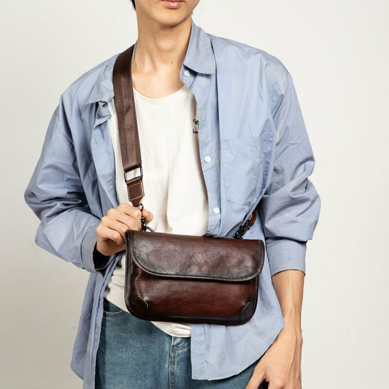 Handmade Brushed Genuine Leather Messenger Bag, Vegetable Tanned Crossbody Bag for Men