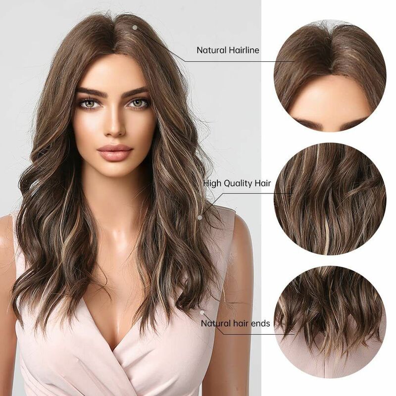 Brown Long Wavy Wig for Women,Highlight Middle Part Curly Wavy Wig,Shoulder Length Synthetic Wigs for Daily Party Use