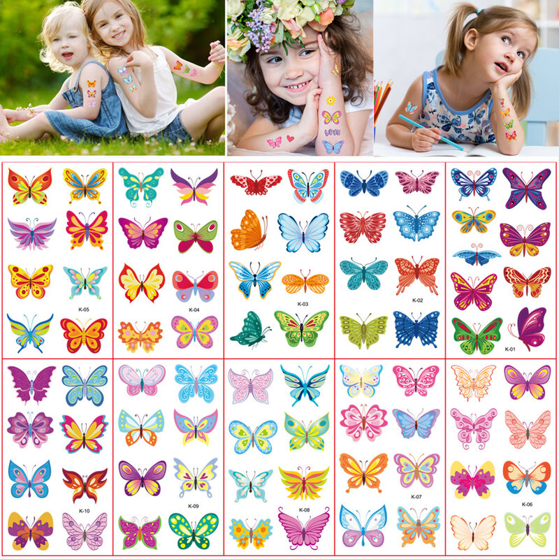 Tatuagem temporária de borboleta aquarela para crianças, Adesivos de flores e aquarela, Arte fofa, Tatuagem falsa para meninas, 10 folhas