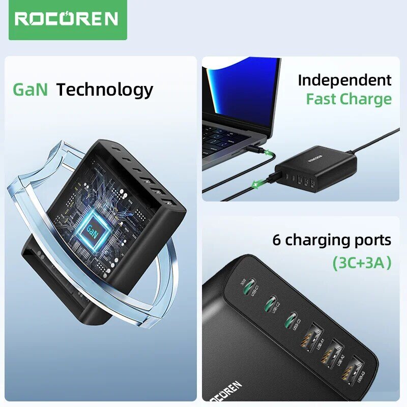 Rocoren-GaN Carregador Rápido Tipo C, Estação de Carregamento Múltipla Desktop, USB Tipo C, PD, Carregamento Rápido 4.0, 3.0, iPhone, Xiaomi, 100W