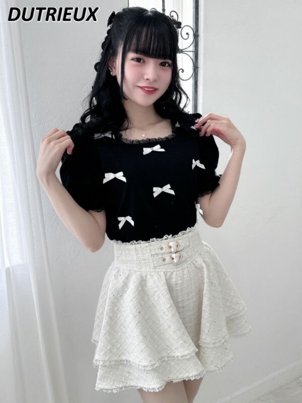 Rok Pantskirt pendek renda tenun hati ganda gesper Hati Jepang manis lucu anak perempuan pinggang tinggi serbaguna warna murni