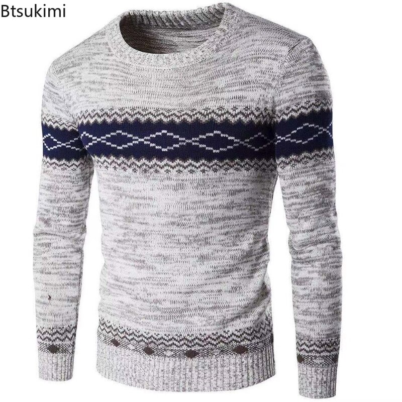 2023 Men's Contrast Color Knitted Sweater Autumn Winter Ethnic Style Slim Fit Bottom Knitted Sweater Tops for Men Casual Sweater