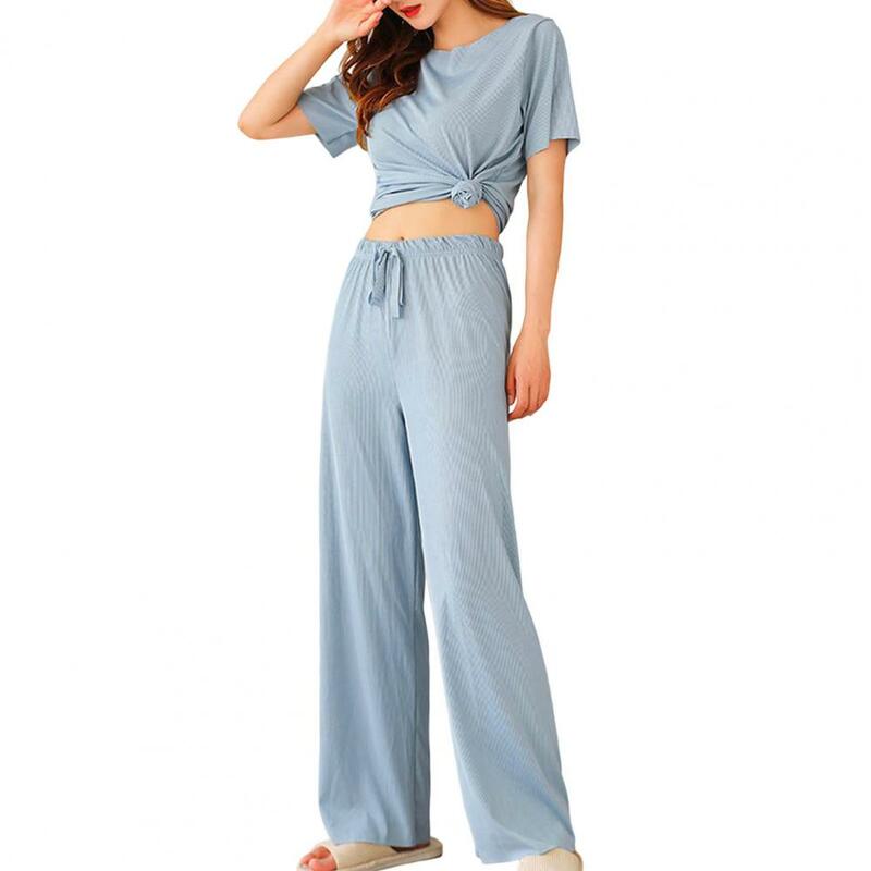 Women 2Pcs/Set O-neck Short Sleeve Outfit Drawstring Straight Wide Leg Ice Silk T-shirt Pants Loungewear Set