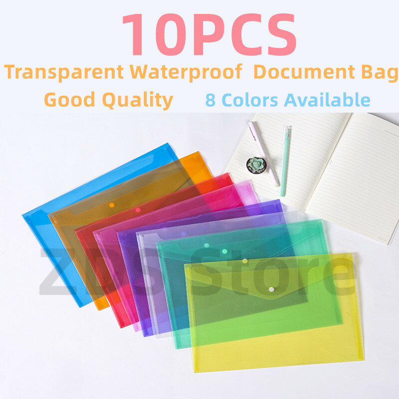 A4 10PCS ปุ่มพลาสติกแฟ้มซองทดสอบนักเรียนกระดาษเก็บกระเป๋าสำหรับอุปกรณ์จัดระเบียบเอกสาร