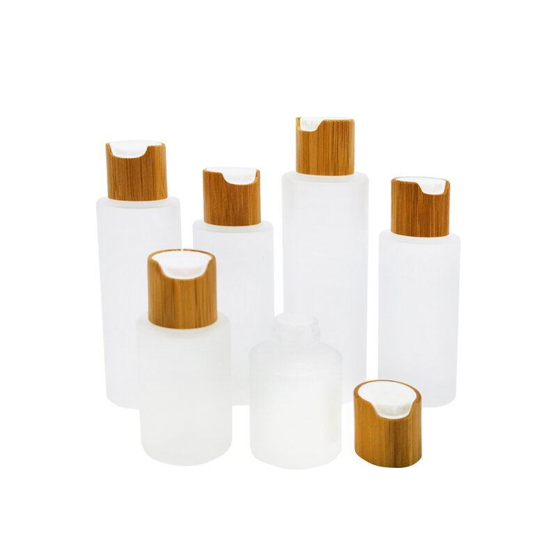 Botellas de vidrio esmerilado de viaje, 5 piezas, 20-120ML, con tapa abatible superior de disco, contenedor dispensador rellenable vacío para cosméticos y champú