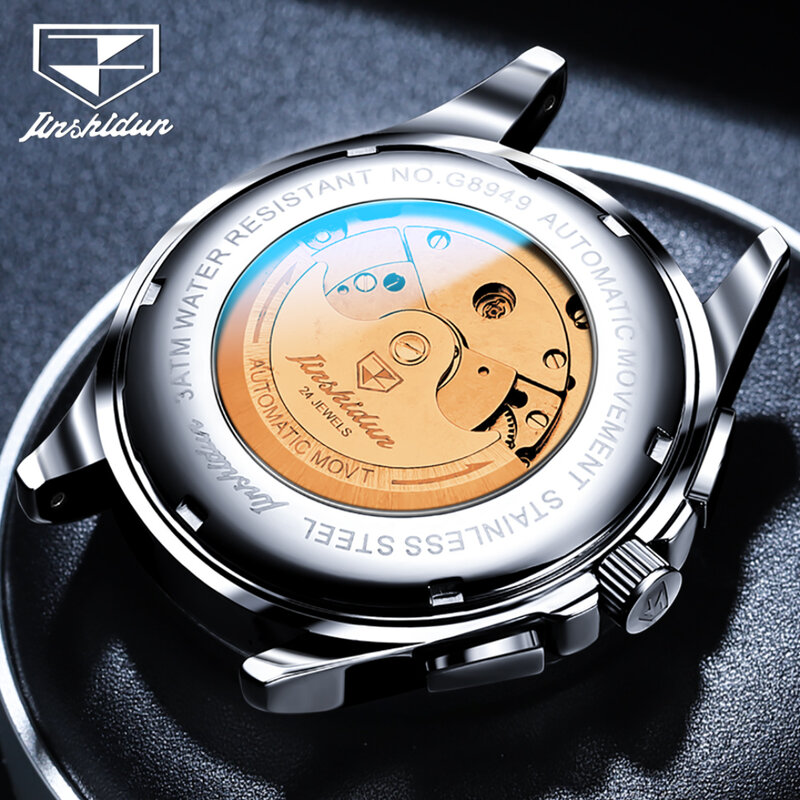 Jsdun-メカニカルファッション時計、ステンレス鋼の時計バンド、ラウンドダイヤルの週表示、発光小2年、8949、ギフト