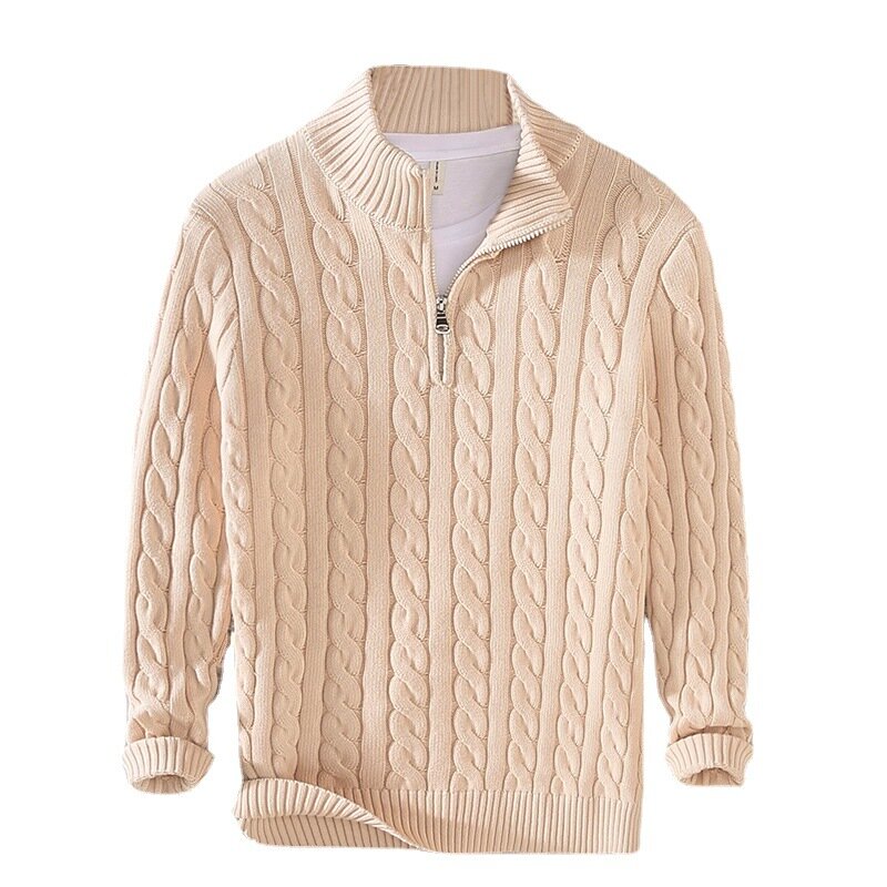 Swetry męskie ciepły sweter z dzianiny jednolita moda swetry z golfem pół Zip 100% bawełniany płaszcz zimowy Casual 8509