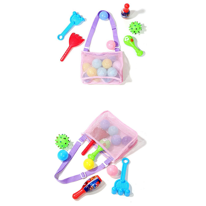 6 szt. Siatkowa torba zabawki plażowe kolorowa dziecięca torba do zbierania torba na plażę torba do przechowywania zabawek z piaskiem z regulowanym pasek do noszenia