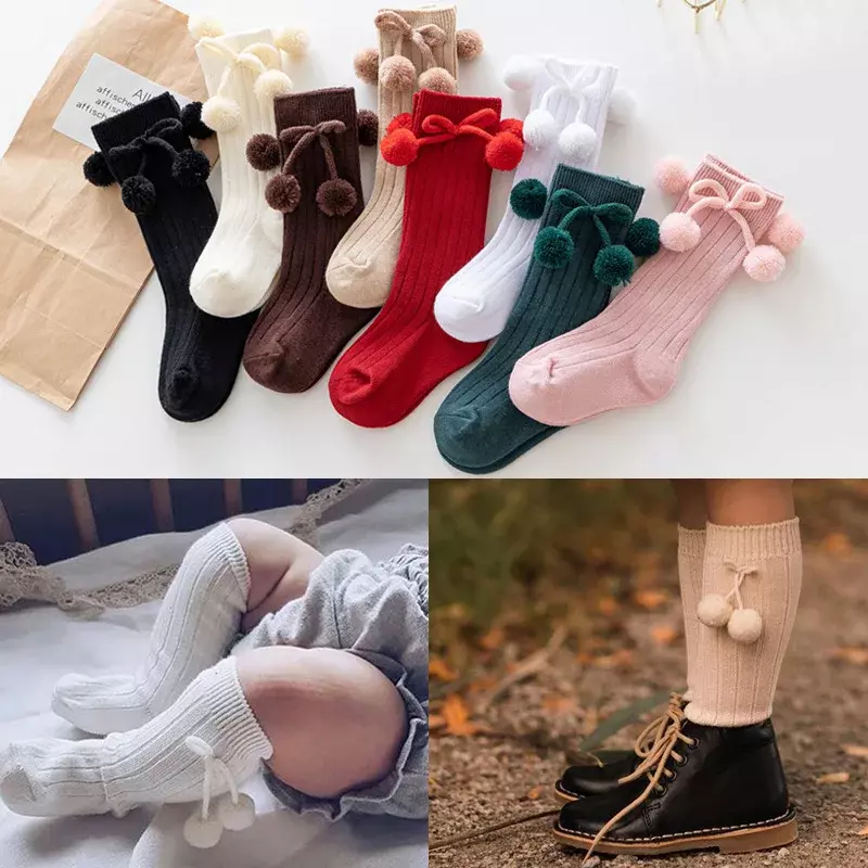 Herbst Winter Kawaii Baby Strümpfe Baumwolle Britische Prinzessin Knie hoch lange Schleife Pom Tube Socken für Mädchen gestrickt Socken wärmer 0-4y