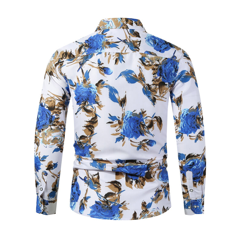 Nowa męska nadruk z różą Plus Size koszula z długim rękawem wiosna jesień młodzieżowa bluzka w roślinny wzór francuski styl męska wygodne z klapami modny Top