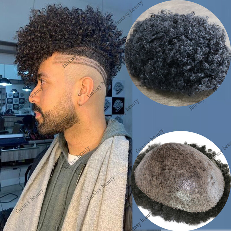 Durable Thin Skin Pu Base Natrual Hairline Mens Toupee Human Hair Wig Black Afro Kinky Curly Weave Replacement System for Men