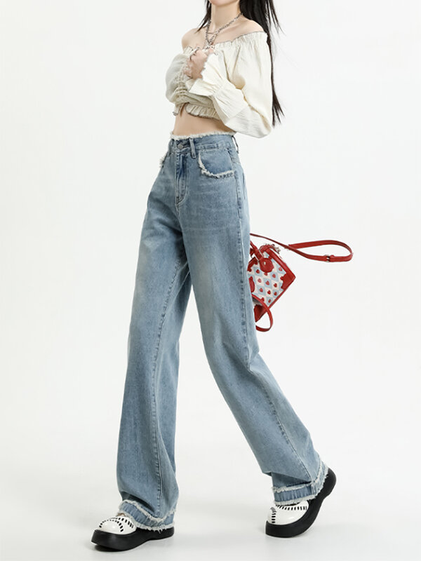 Burr krawędzi dżinsy z wysokim stanem dla kobiet prosta szeroka nogi Denim spodnie Y2k Streetwear rocznika mama Jean pełnej długości spodni