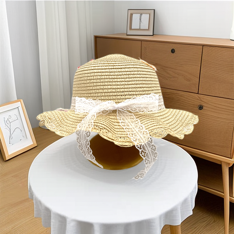 Children's Clothing Matching Two-piece Set Lace Tie Bow Fisherman Hat Woven Hat + Mini Crossbody Straw Coin Bag One Shoulder Bag