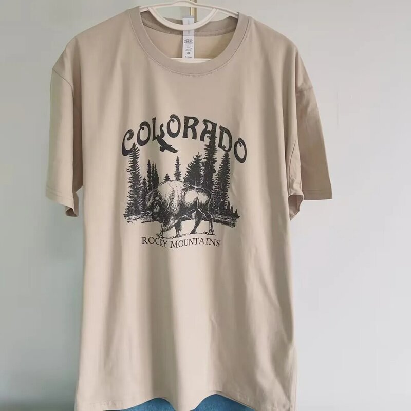 Kaus lengan pendek motif Colorado Buflo, kaus gurun Retro, atasan kerah O modis katun lengan pendek untuk wanita
