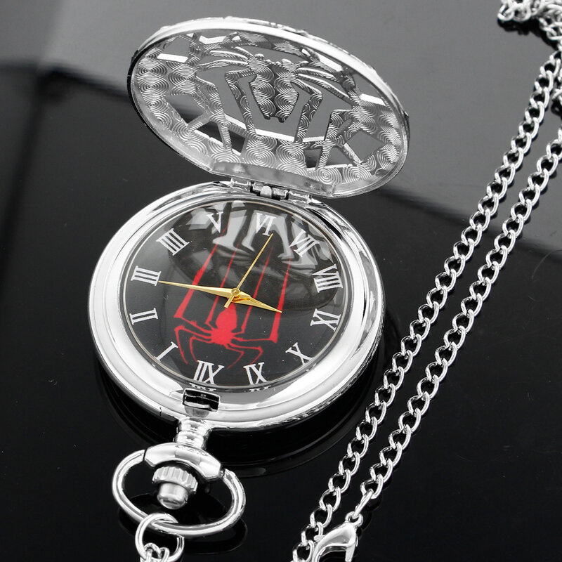 Silver Spider Logo Super Hero Quartz Pocket Watch Exquisite Necklace Pendant Bracelet Clock Best Gift for Men and Children