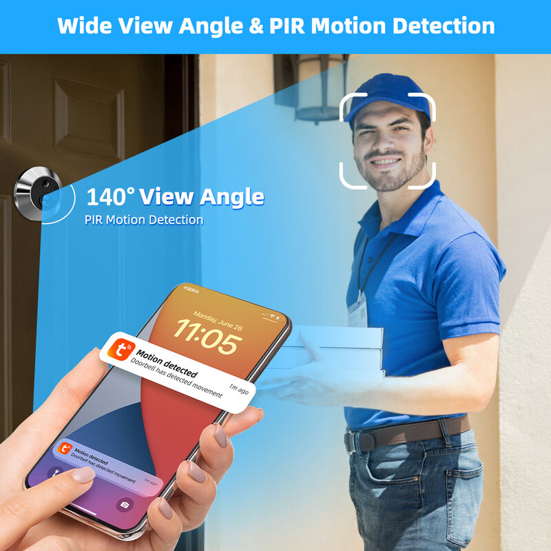 Tuya Smart 3MP 140 ° ángulo de visión panorámica Mini mirilla Digital visor WiFi IR PIR detección timbre puerta cámara Alexa Google
