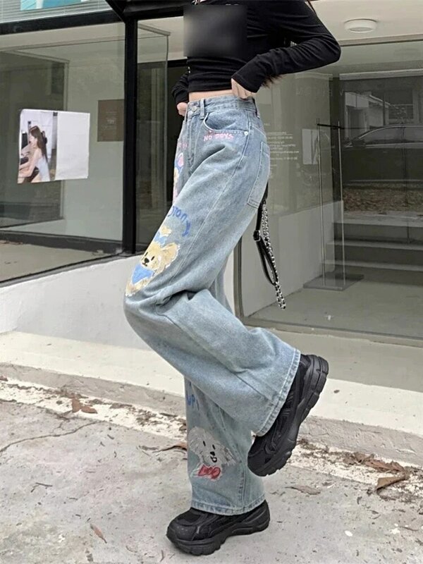 Nuovi Jeans larghi da donna Slim blu Ins pantaloni dritti larghi casuali Jeans da donna a vita alta da strada di moda estiva Chicly femminile