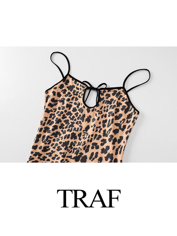 TRAF 여성용 섹시한 바디콘 레오파드 무늬 민소매 슬립 원피스, 빈티지 할로우 아웃 백리스 슬림 드레스, 여름