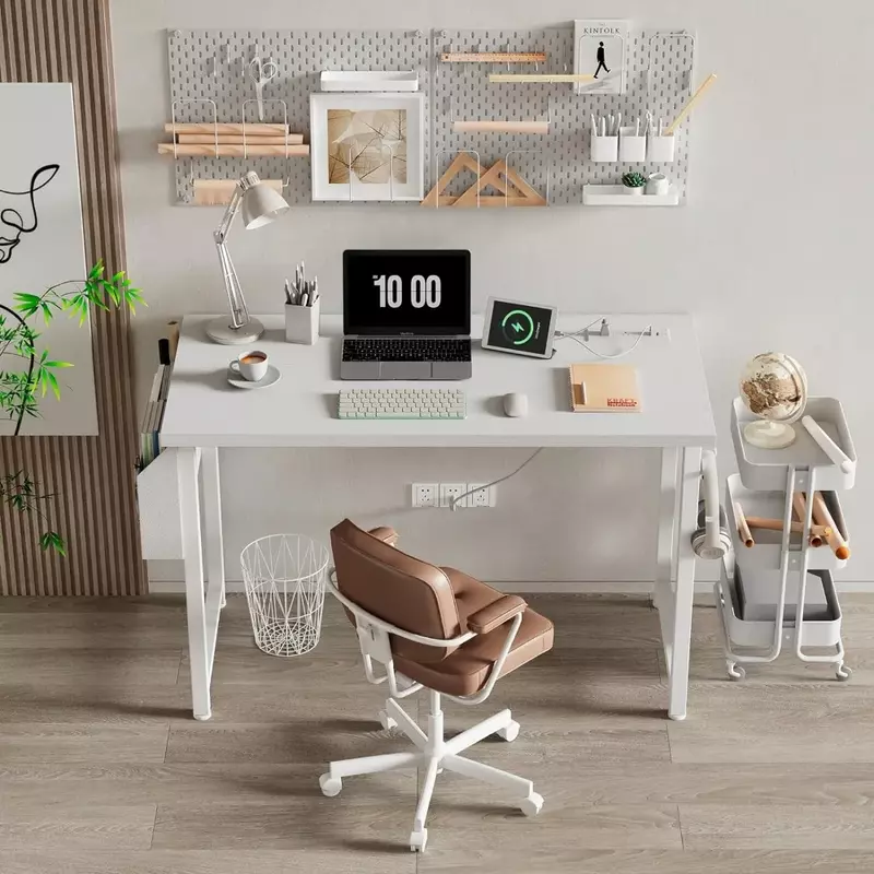 OEING 39-calowe białe biurko komputerowe, stół do nauki dla nastolatków Biurka do pisania do pracy w domu z wbudowanymi gniazdami stacji ładującej