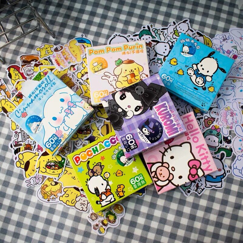 60 szt./pudełko naklejki Anime Kawaii Sanrio Hello Kitty Kuromi Cinnamoroll Pochacco naklejki DIY papeteria Cute Cartoon naklejki prezent