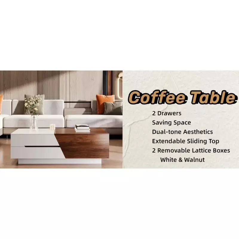 Coffee Table Retractable Sliding Top for Mobile Box + 4 Partition Space Multifunctional Office Bedroom,White/Walnut Coffee Table