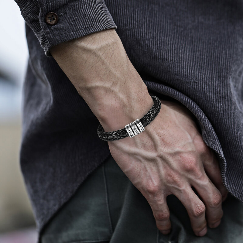 LIKGREAT-Bracelet en cuir personnalisé avec lettre de nom pour hommes et femmes, bracelets de poignet en acier inoxydable, ULtressée perlée, personnalisé