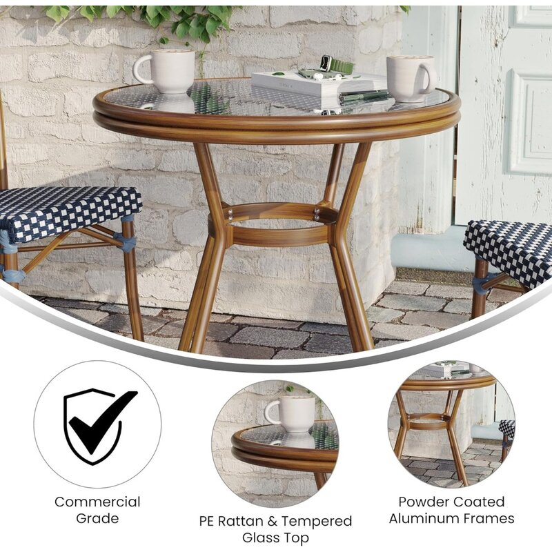 Lourdes Indoor/Outdoor Commercial French Bistro Table, PE, Glass Top, Bamboo Print Aluminum, 31.5" Round, Navy