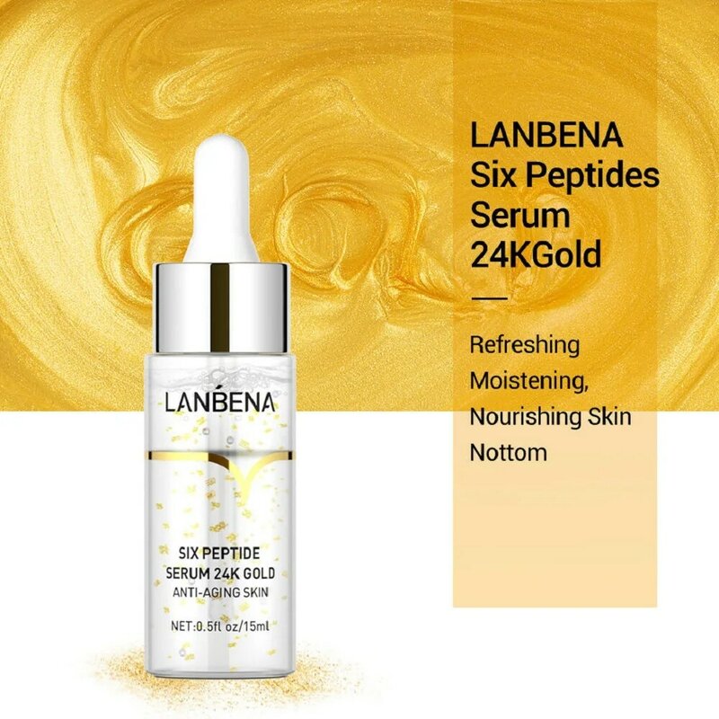 LANBENA 24K Gold Six Peptide Facial Serum Anti Aging Lifting Skin Moisturizing Face Essence 15ml Skin Care Dropshipping