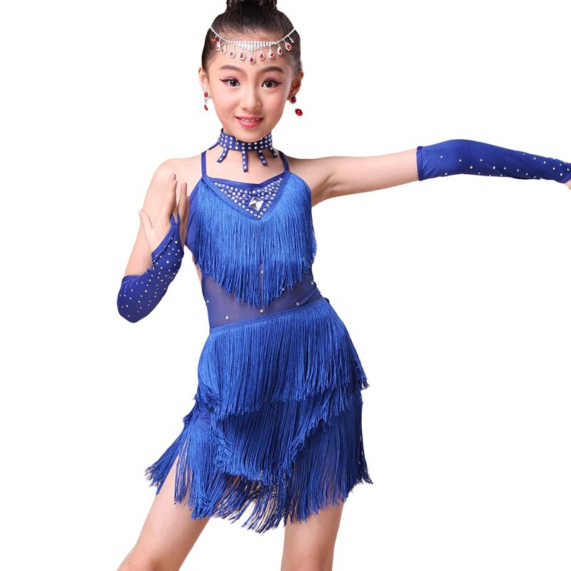 Gaun Rumbai Dansa Latin Payet Anak-anak Mode Anak Perempuan Kostum Panggung Pakaian Tari Tango Salsa Cha Cha