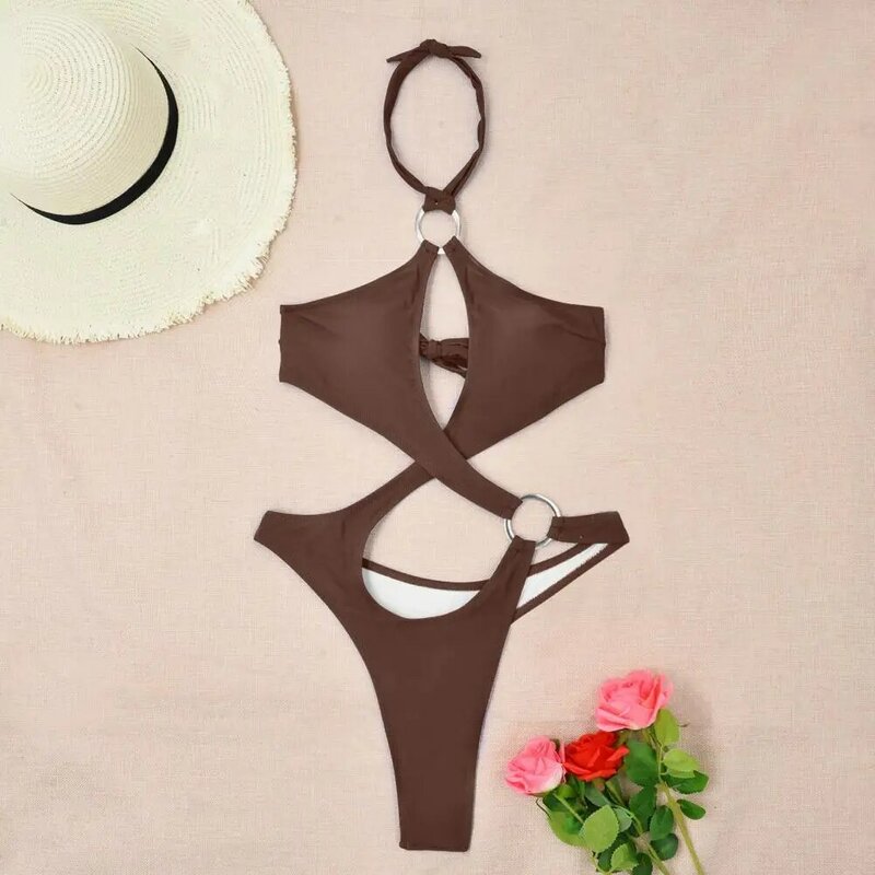 Halter Neck Bikini Stylish Women's High Cut Out One-piece Swimsuit with Halter Neck Hollow Out Design Sexy Solid Color for Women