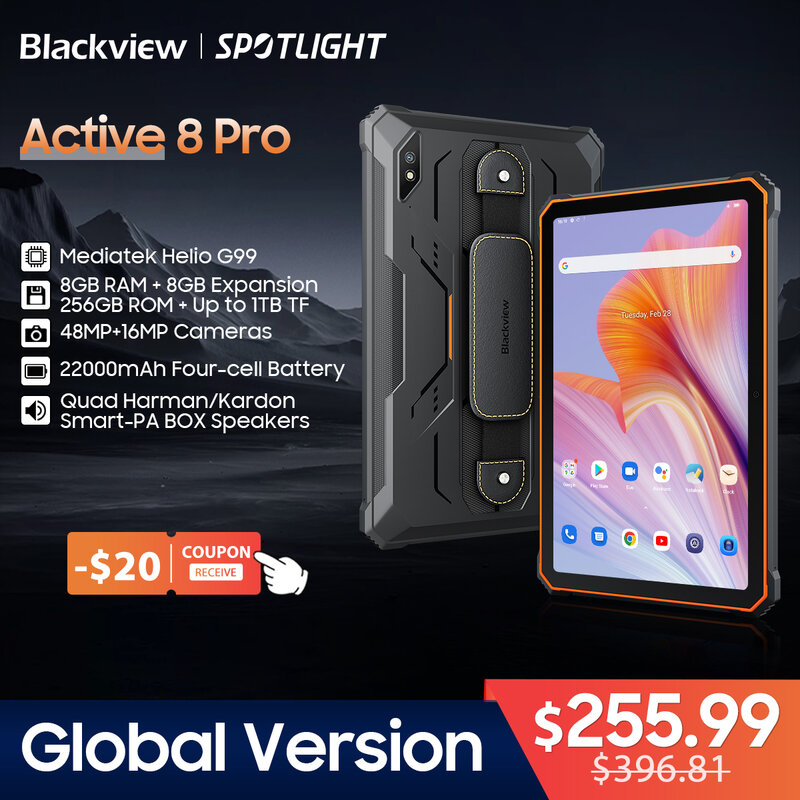 Blackview-Tablette PC robuste Active 8 Pro, Android 13, écran 10.36 "2.4K, Helio G99, 16 Go, 256 Go, 22000mAh