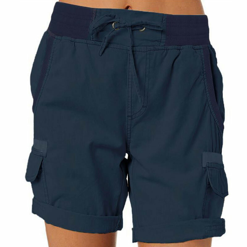 Pantalones cortos Cargo para mujer, Shorts de lino y algodón con bolsillo, cintura elástica, Color liso, transpirables, para playa