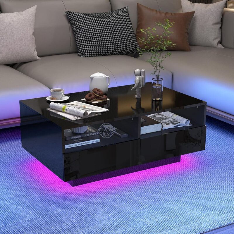 Coffee Table with 4 Storage Sliding Drawers, High Glossy Modern Center Table with 20 Colors LED Lights for Living Room Bedroom