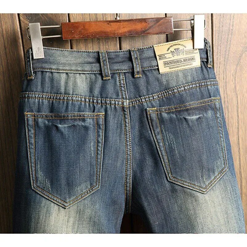 Calça jeans grossa de lã quente masculina, design de patchwork rasgado, calça jeans casual, jeans térmica reta, tamanho grande, inverno