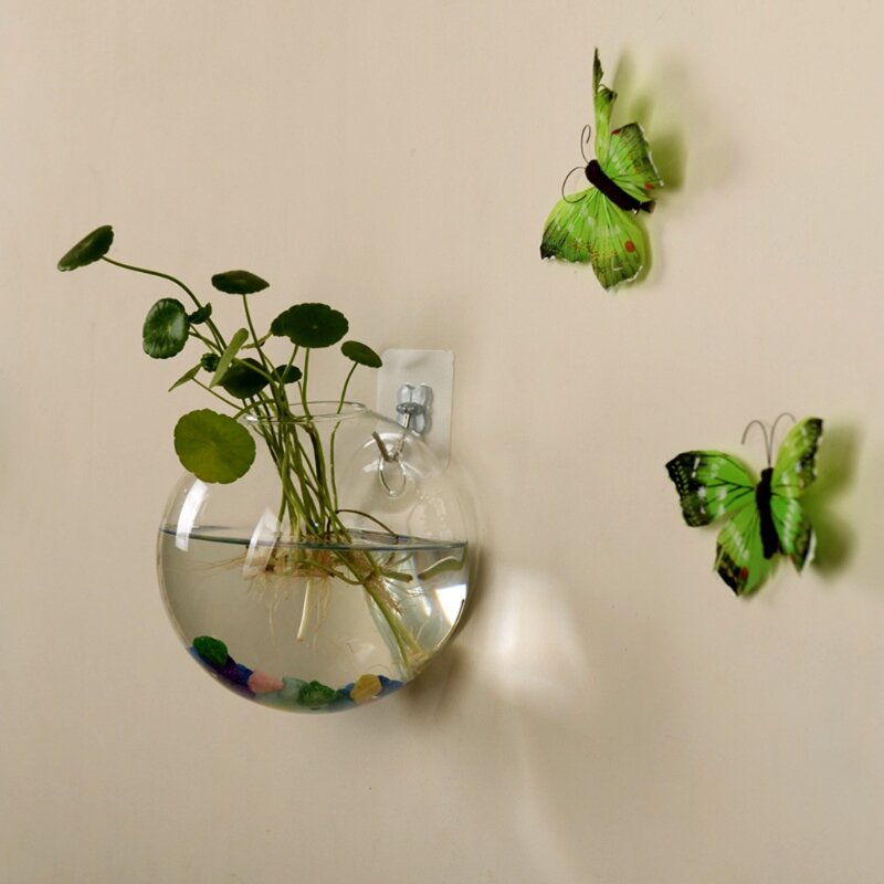 Transparent Glass Vase Wall Hanging Hydroponic Terrarium Fish Tanks Potted Plant Flower Pot Dia 8cm/10cm/12cm
