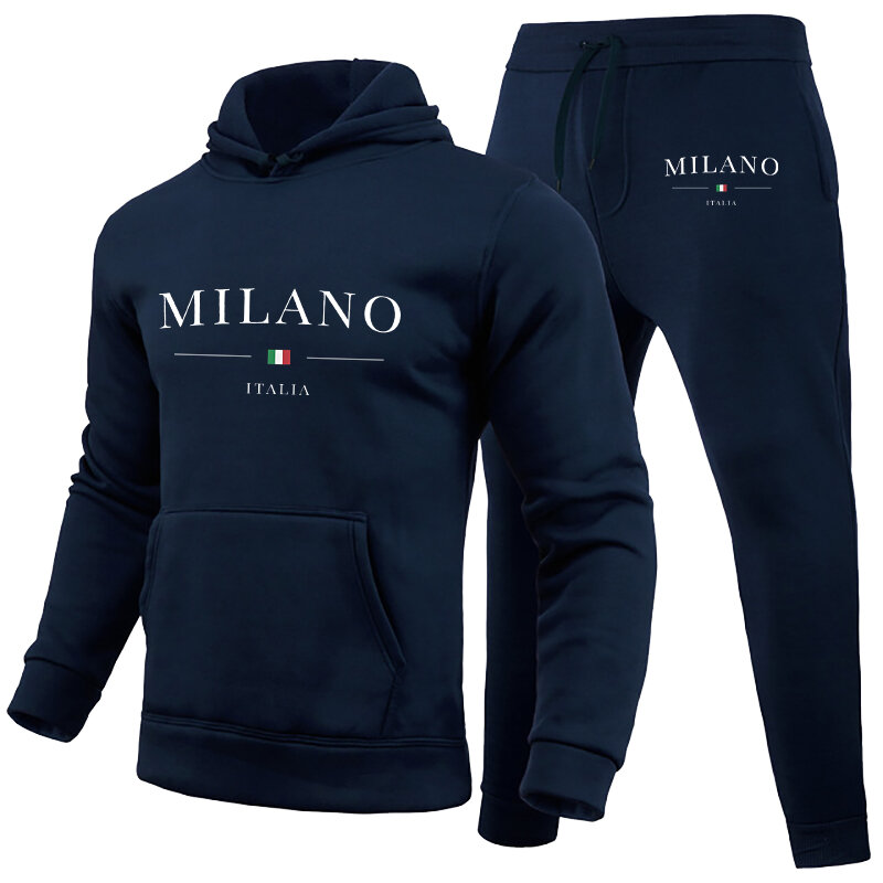 Men's Luxury Hoodie Set Milano Print Sweatshirt Sweatpant for Male Hooded Tops Jogging Trousers Suit Casual Streetwear Tracksuit