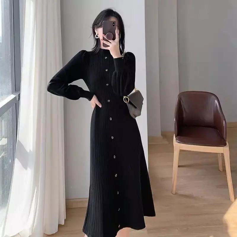 Autumn Winter Thin Korean Fashion Slim Solid Women's Clothing Buttons O-neck Long Sleeve Buttons Patchwork Temperament Dresses