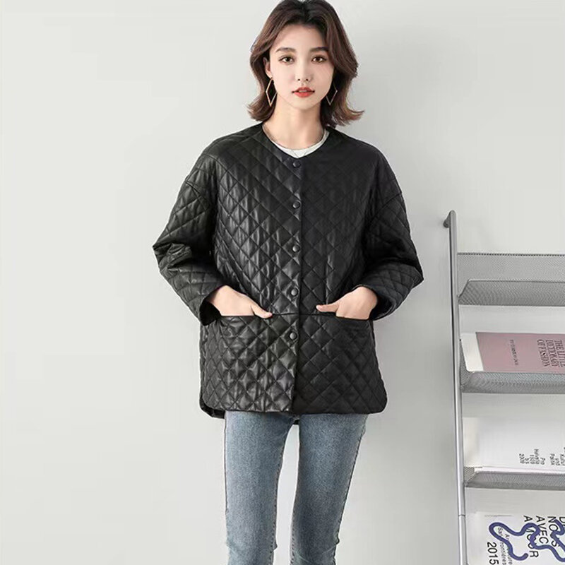 女性のための韓国のシープスキンジャケット,綿クリップ,ラウンドネック,シングルブレスト,長袖